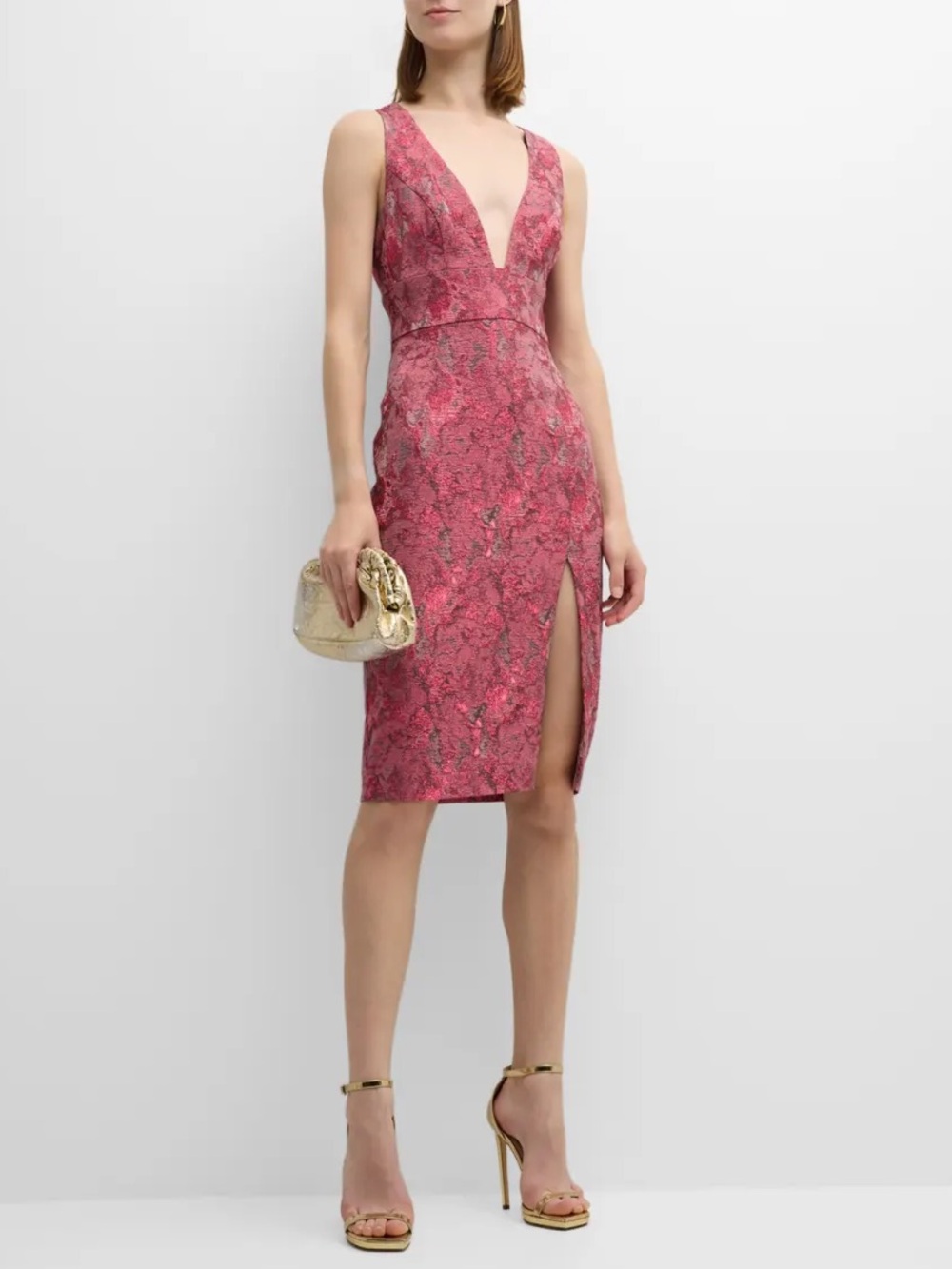 Liv Foster Sleeveless Deep V-Neck Pink Metallic Jacquard Midi Dress NWT Size 6